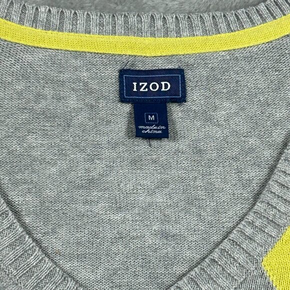 Izod Sweater Women's Medium Argyle Grey Yellow V Neck Pullover Lightweight - Picture 5 of 7